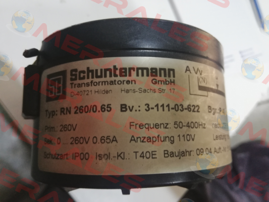 Type: RN 260/0.65 Schuntermann Transformatoren